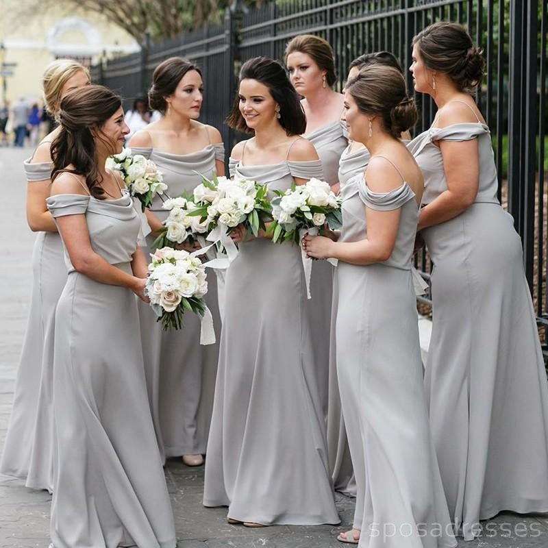 Hors de l'Épaule Spahgetti Bretelles en Mousseline de soie Gris de Longues Robes de Demoiselle d'honneur en Ligne, WG210