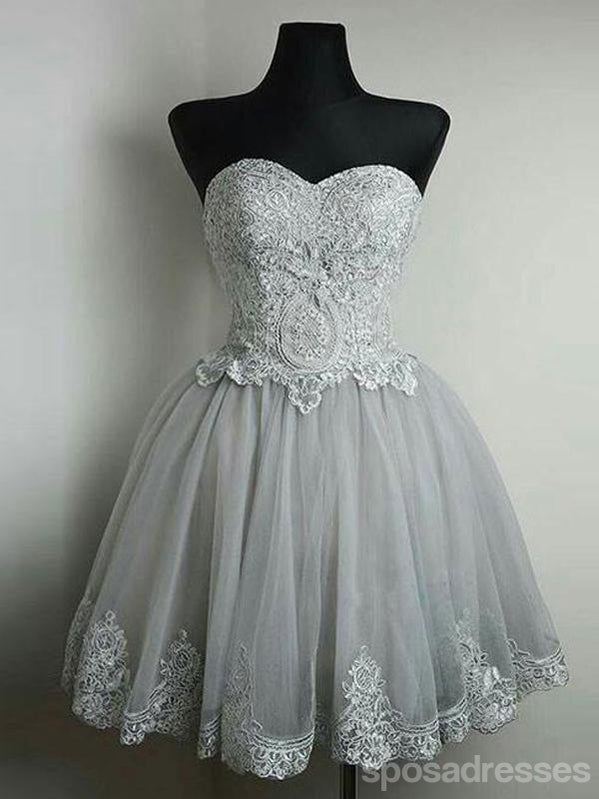 Strapless Gray Lace Tulle Homecoming Prom Dresses, Cheap Short Prom Dresses, CM350