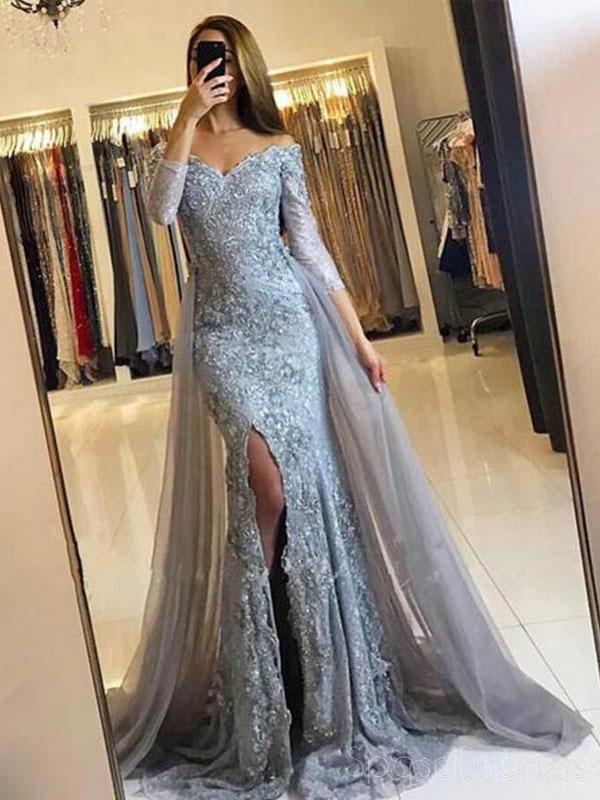 Long Sleeve Dusty Blue Lace Side Slit Mermaid Evening Prom Dresses, Popular 2018 Party Prom Dresses, Custom Long Prom Dresses, Cheap Formal Prom Dresses, 17206