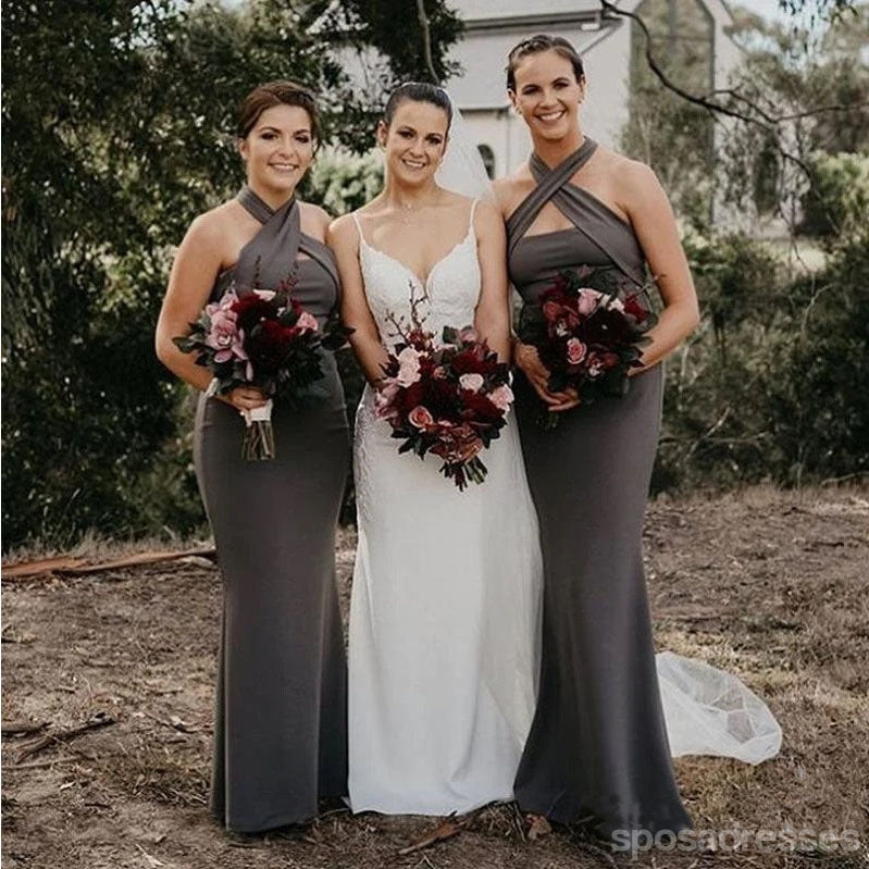 Newest Grey Mermaid Halter Cheap Long Bridesmaid Dresses,WG1532