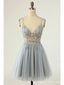 V Neck Dusty Pink Tulle Beaded Short Homecoming Dresses Online, Robes de bal courtes pas chères, CM845