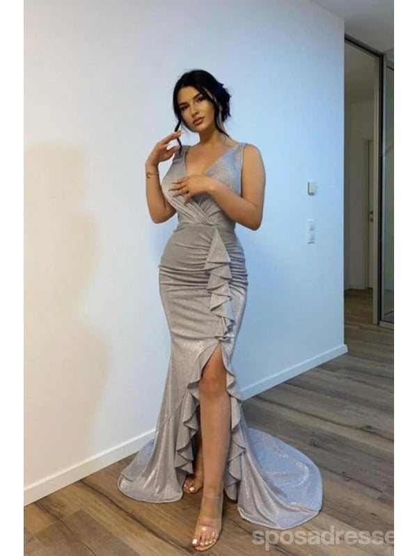 Grey Mermaid V-neck High Slit Cheap Long Prom Dresses Online,12877