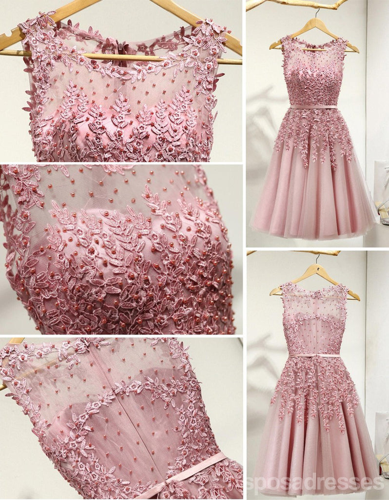 Dusty Pink Lace Beaded See Through Homecoming Prom Dresses, Affordable Short Party Prom Dresses, Perfect Homecoming Dresses, CM267