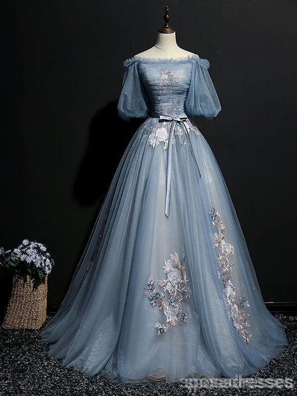 Blue A-line Off Shoulder Half Sleeves Long Party Prom Dresses, Dance Dresses,12550