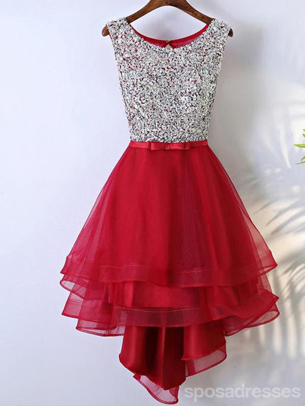 Rhinestone High Low Open Back Red Homecoming Dresses, Short Homecoming Dresses, CM241