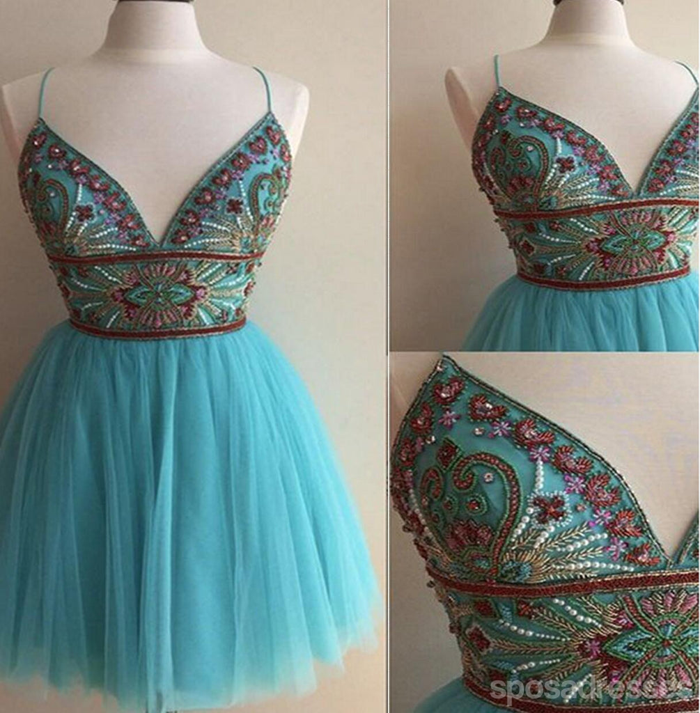 Turquoise Heavily Beaded Tulle Short Homecoming Prom Dresses, Homecoming Cocktail Dresses, CM360