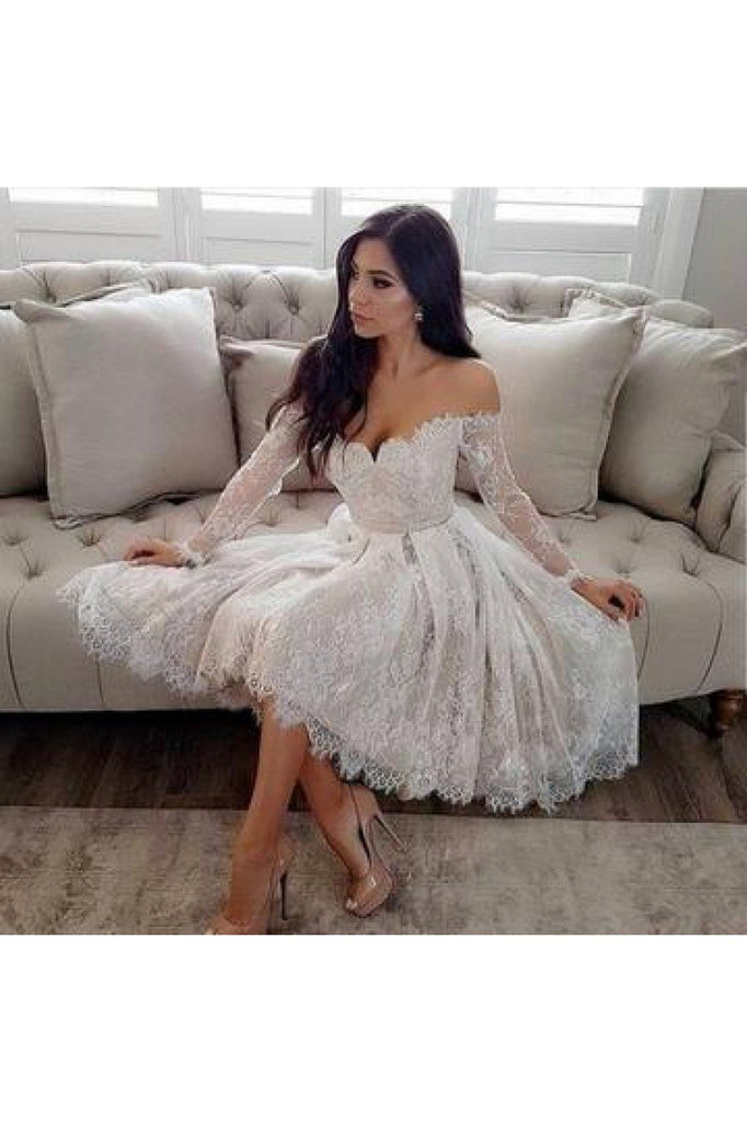 Long Sleeves Off Shoulder Ivory Lace Short Homecoming Dresses Online, CM682