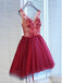 V Neck Burgundy Lace Cheap Short Homecoming Dresses Online, CM688