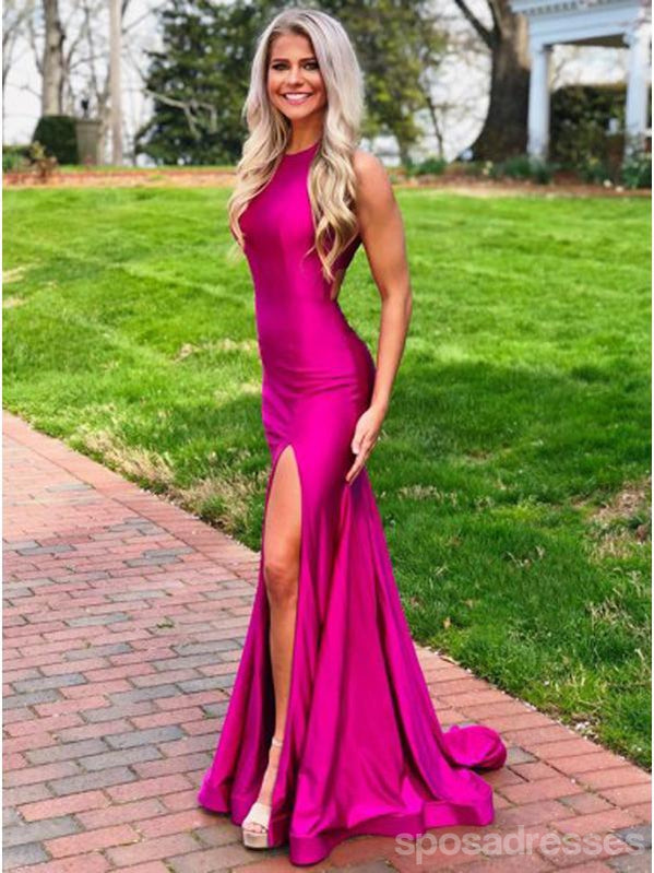 Hot Pink Mermaid Halter Side Slit Cheap Long Prom Dresses Online,12582