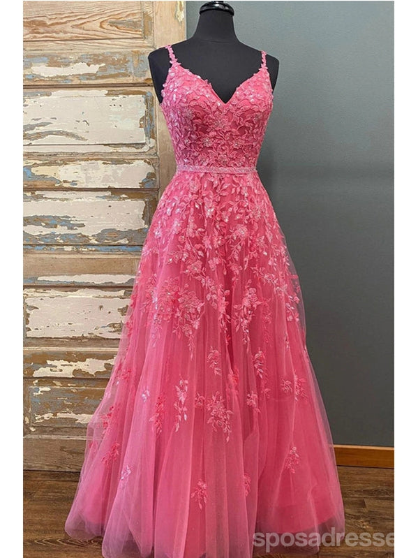 Hot Pink A-line Spaghetti Straps V-neck Cheap Long Prom Dresses Online,12810