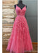 Hot Pink A-line Spaghetti Straps V-neck Cheap Long Prom Dresses Online,12810