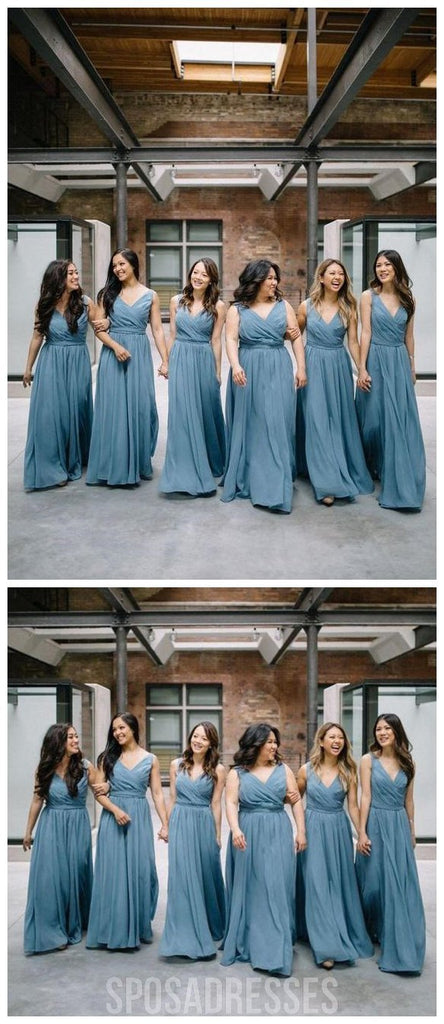 Chiffon V Neck Dusty Blue Long Long Bridesmaid Dresses Online, WG251