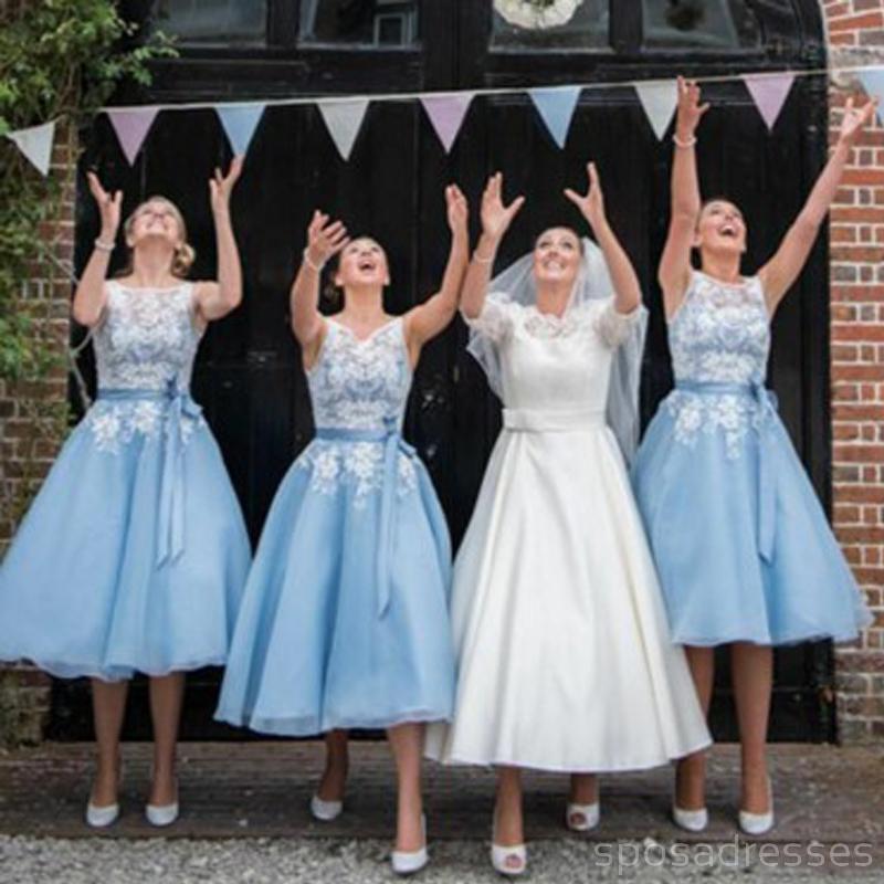 Illusion Light Blue Lace Applique Cheap Short Bridesmaid Dresses Online, WG330