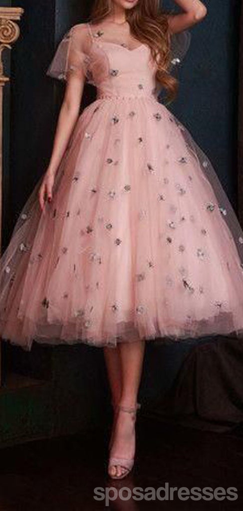 V Neck Dusty Pink Tulle Beaded Short Homecoming Dresses Online, Robes de bal courtes pas chères, CM845