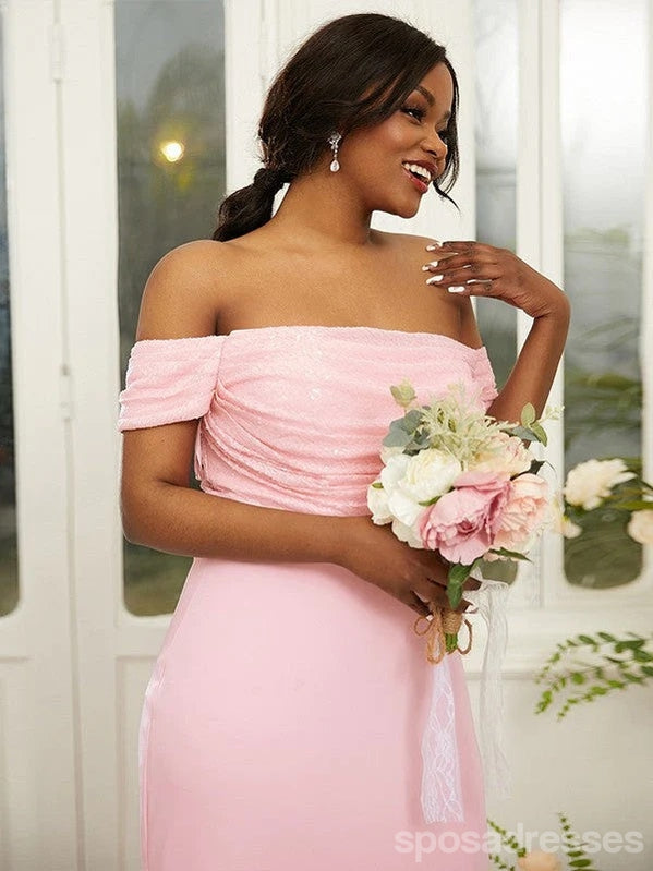 Sparkly Pink Mermaid Off Shoulder Cheap Long Bridesmaid Dresses,WG1595