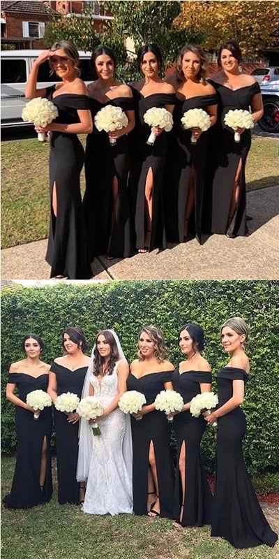 Black Mermaid Off Shoulder High Slit V-neck Long Bridesmaid Dresses,WG1194