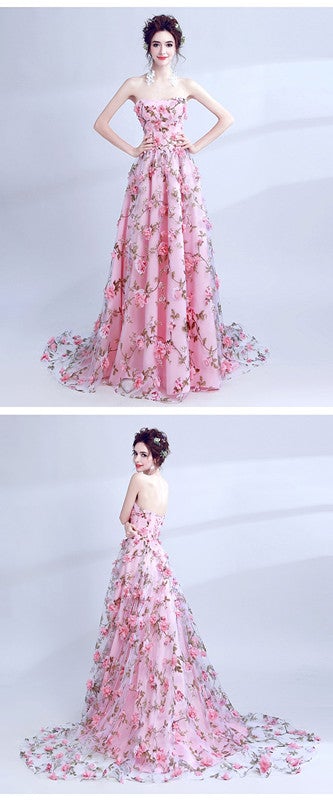 Cute Floral Pink A-line Sweetheart Long Prom Dresses Online, Dance Dresses,12750