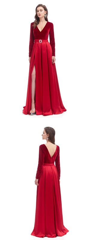 Red A-line Long Sleeves High Slit V-neck Cheap Prom Dresses Online,12770