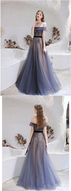 Elegant Blue A-line Off Shoulder Long Prom Dresses Online, Evening Party Dresses,12756