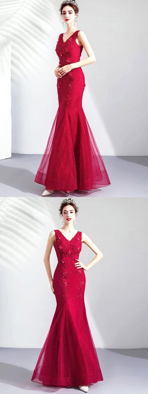 Sexy Red Mermaid V-neck Lace Applique Long Prom Dresses Online,12754