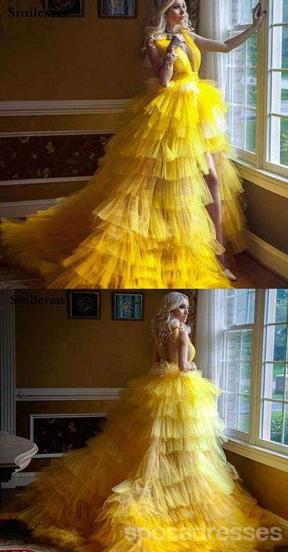 Yellow A-line V-neck Cheap Long Prom Dresses Online,Dance Dresses,12581