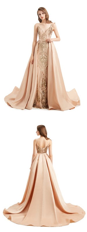 Champagne Mermaid Spaghetti Straps V-neck Long Prom Dresses Online,12778