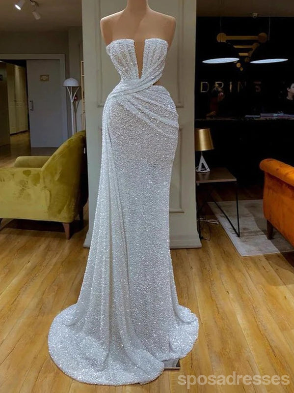 Unique Ivory Mermaid Deep V-neck Cheap Long Prom Dresses,13007