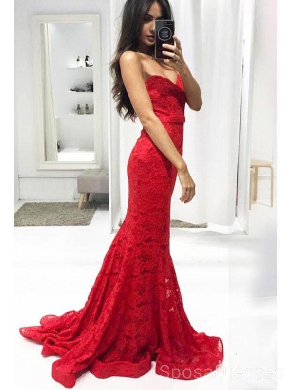 Sexy Red Lace Mermaid Long Evening Prom Dresses, Cheap Custom Sweet 16 Dresses, 18501