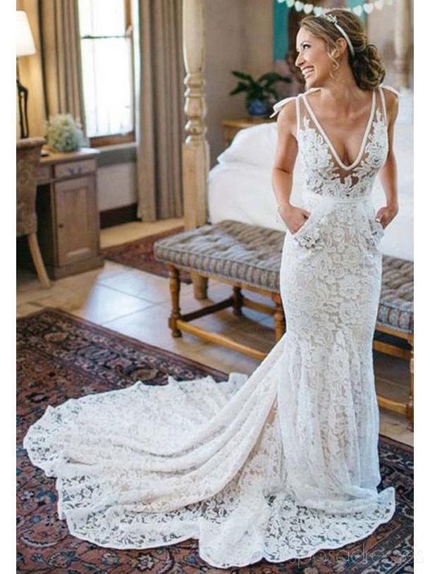 V-neck Lace Mermaid Cheap Wedding Dresss Online, Cheap Lace Bridal Dresses, WD478