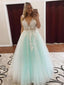 Veja Através de V Neck Mint Lace Applique Long Evening Prom Dresses, Cheap Sweet 16 Vestidos, 18424