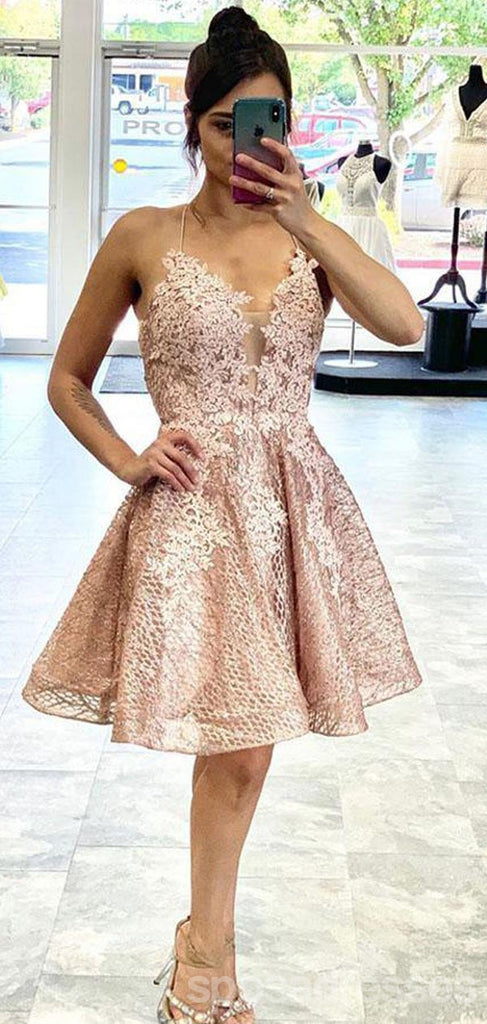 V Neck Dusty Pink Tulle Beaded Short Homecoming Dresses Online, Robes de bal courtes pas chères, CM845