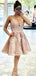 V Neck Dusty Pink Tulle Beaded Short Homecoming Dresses Online, Robes de bal courtes pas chères, CM845