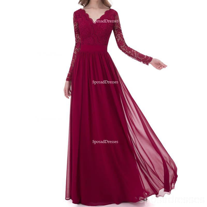 Long Sleeve Lace Dark Red Custom Long Bridesmaid Dresses, BD116