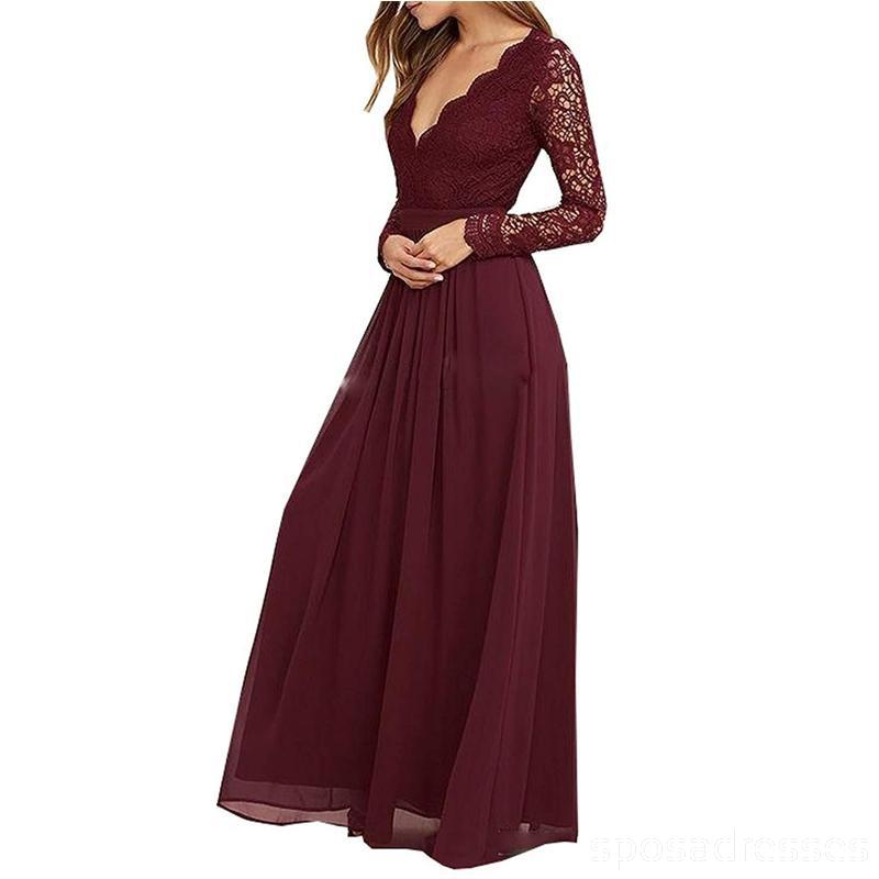 Costume de cadarço de manga longo vermelho-escuro barato vestidos de dama de honra longos, BD0250