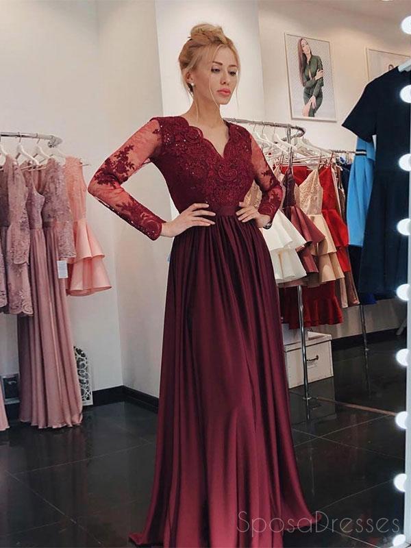 Long Sleeves Maroon Lace Beaded Long Evening Prom Dresses, Cheap Sweet 16 Dresses, 18427