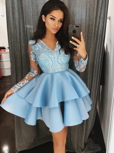 Manga comprida Renda azul Barato Vestidos curtos de boas vindas online, CM617