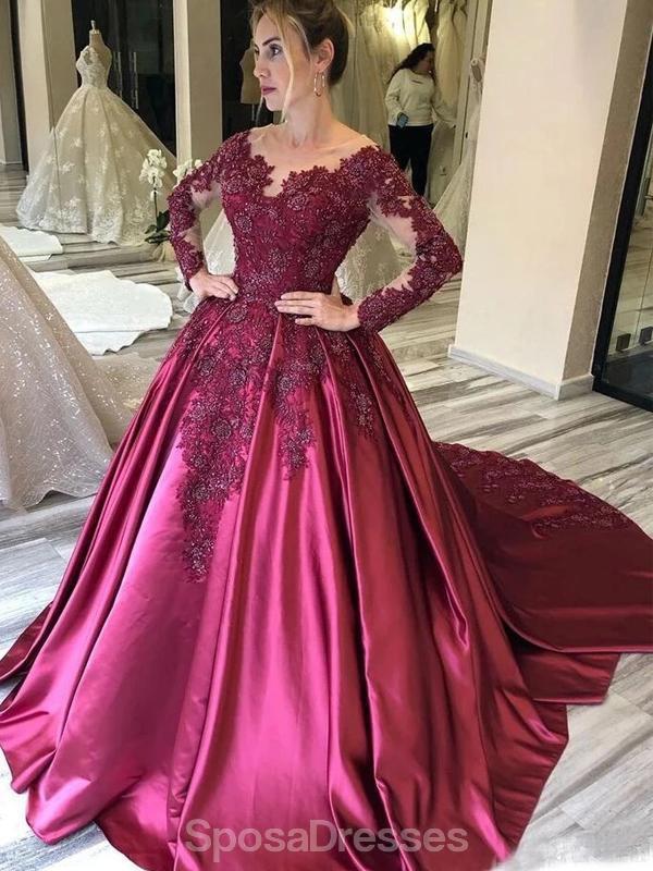 Mangas compridas Lace Applique roxo longo Evening Prom Dresses, Evening Party Prom Dresses, 12177