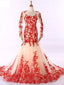 Long Sleeves Red Lace Mermaid Evening Prom Dresses, Cheap Custom Sweet 16 Dresses, 18531