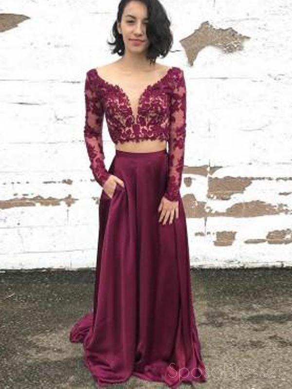 Maroon Two Pieces Long Sleeves Lace Evening Prom Dresses, Cheap Sweet 16 Dresses, 18316