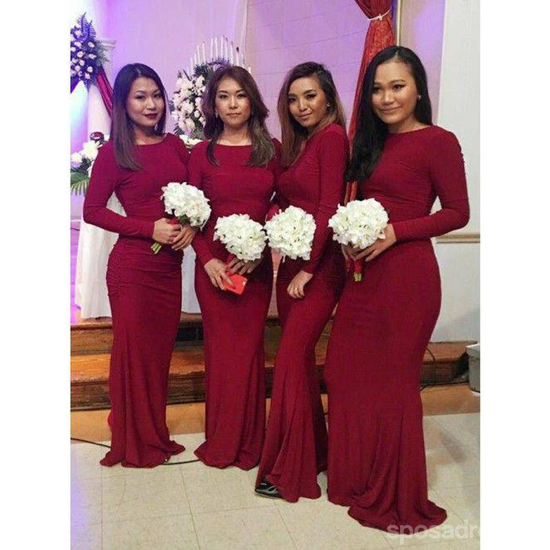 Red Long Sleeves Mermaid Jewel Cheap Long Bridesmaid Dresses Gown Online,WG1099