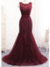 Scoop Maroon Lace Beaded Mermaid Long Evening Prom Dresses, Evening Party Prom Dresses, 12165