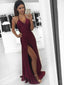 Halter V Neckline Maroon Evening Prom Dresses, Long Side Slit Sexy Party Prom Dress, Custom Long Prom Dresses, Cheap Formal Prom Dresses, 17128