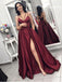 Maroon Spaghetti Straps Side Slit Longues Robes de bal de soirée, Cheap Custom Sweet 16 Dresses, 18467