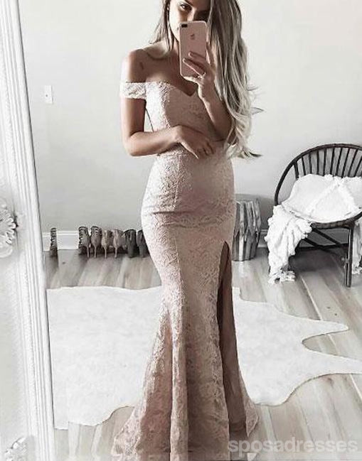 Off Shoulder Side Slit Lace Mermaid Long Evening Prom Dresses, Popular Cheap Long 2018 Party Prom Dresses, 17263