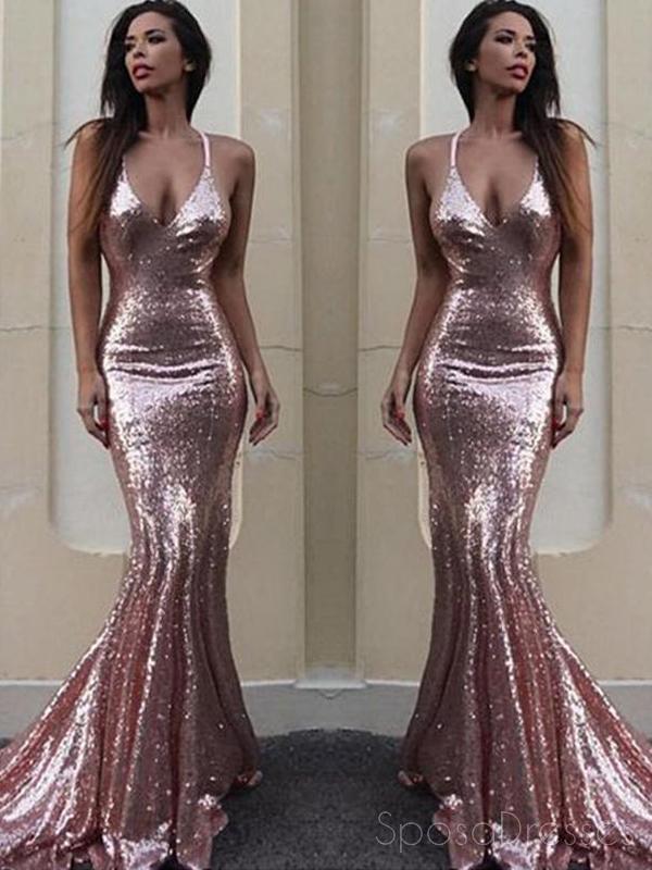 Sexy Backless Rose Gold Sequin Mermaid Evening Prom Dresses, Popular 2018 Party Prom Dresses, Custom Long Prom Dresses, Cheap Formal Prom Dresses, 17210