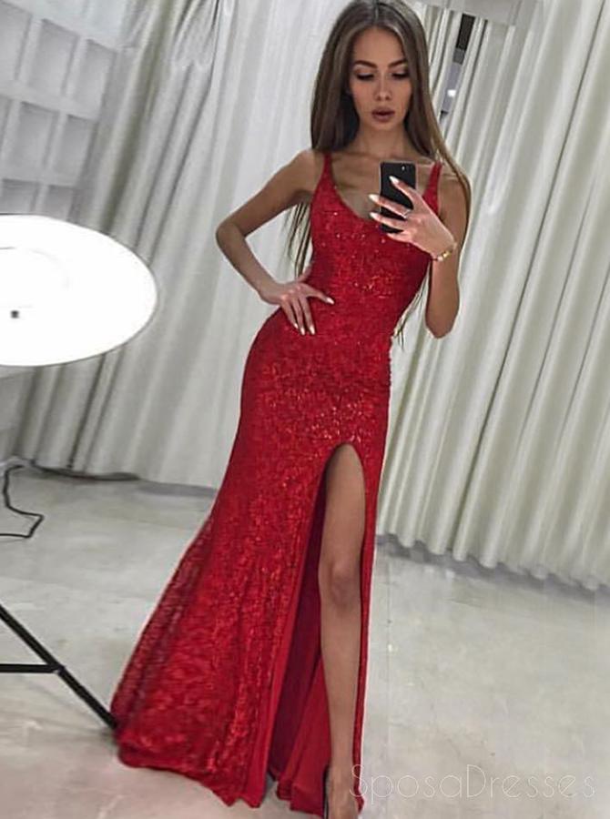 Sparkly Red Side Slit Lace Mermaid Vestidos de fiesta largos de noche, Cheap Sweet 16 Vestidos, 18340