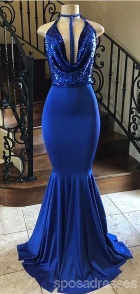 Sexy Blue Mermaid Halter Sleeveless Long Prom Dresses Online,13061