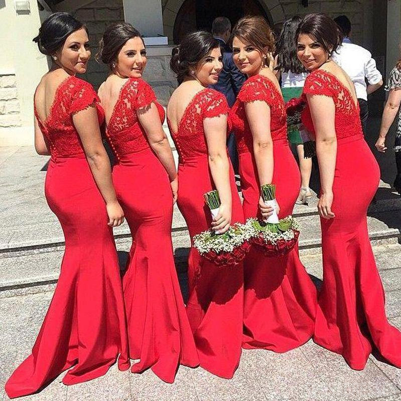 Mermaid Cap Sleeves Lace Red Cheap Bridesmaid Dresses Online, WG831