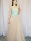 V-neck Mint Lace Tulle A-line Long Evening Prom Dresses, Cheap Party Custom  Prom Dresses, 18622