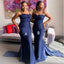 Navy Blue Mermaid Spaghetti Straps Cheap Long Bridesmaid Dresses,WG1337